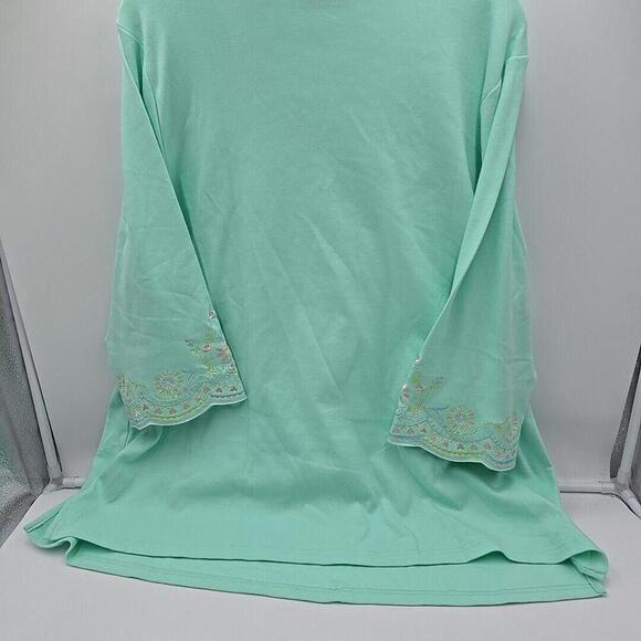 Quaker Factory Green Boho Embroidered Beaded Stretch 3/4 sleeves Top 2X NWT - Picture 10 of 12